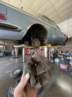 Brakes and Caliper Overhaul on 1974 BMW 3.0 CSi - This was a brake system overhaul on a 1974 BMW 3.0 CSi that had been sitting for 30 years. Calipers were seized and since there no longer available we had to get down and dirty and overhaul the calipers. Cleaned them up a bit, replaced all the seals and gave them a nice aluminum paint job with high heat caliper paint. Also replaced all the brake lines, front and rear break pads and bled the system. Turned out great! Brakes and Caliper Overhaul on 1974 BMW 3.0 CSi - This was a brake system overhaul on a 1974 BMW 3.0 CSi that had been sitting for 30 years. Calipers were seized and since there no longer available we had to get down and dirty and overhaul the calipers. Cleaned them up a bit, replaced all the seals and gave them a nice aluminum paint job with high heat caliper paint. Also replaced all the brake lines, front and rear break pads and bled the system. Turned out great!