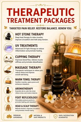 Pain Therapy Treatment Package - Our pain relief therapy massage uses targeted techniques to help ease muscle tension, reduce soreness, and support relaxation. This service may include hot stone therapy, cupping therapy, and UV pain relief light treatment for a soothing and comfortable spa experience.