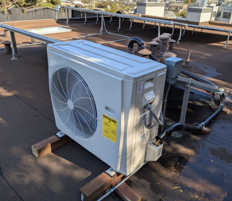 Heat pump system installation in San Francisco, CA - In this project, we replaced an outdated gas furnace with an ICP inverter-driven heat pump. The outdoor unit was installed on a rooftop, while the air handling unit replaced the gas furnace in a utility closet. The project was completed in two days. Heat pump system installation in San Francisco, CA - In this project, we replaced an outdated gas furnace with an ICP inverter-driven heat pump. The outdoor unit was installed on a rooftop, while the air handling unit replaced the gas furnace in a utility closet. The project was completed in two days.