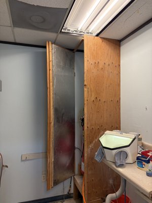 Lab Demo - The client requested to have the countertops and closet (containing an air-compressor) to totally be removed to create more space for them. Lab Demo - The client requested to have the countertops and closet (containing an air-compressor) to totally be removed to create more space for them.