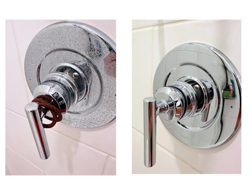 Shower handle and shower before and after. - This clean was done on a shower that hadn’t been cleaned in quite sometime to actually get the water stains off. I took my time to ensure that this was left sparkling clean for our client to enjoy. Shower handle and shower before and after. - This clean was done on a shower that hadn’t been cleaned in quite sometime to actually get the water stains off. I took my time to ensure that this was left sparkling clean for our client to enjoy.