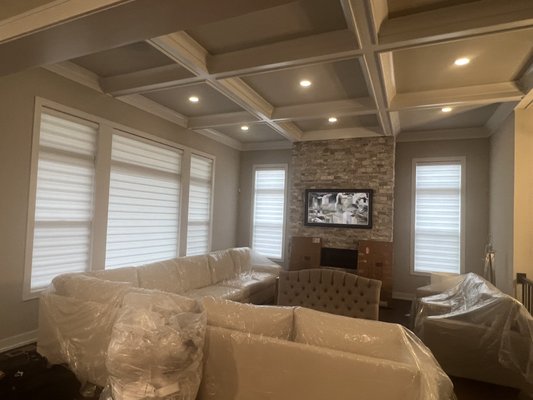 Pirouette-Great Room - This installation was using Hunter Douglas Pirouette Sheer Shades. These shades raise up and down, like a roller shade, plus the pleats open to provide a beautiful view to the outside. Pirouette shades provide excellent light control and privacy while also implying the look of a gorgeous roman shade. This installation also included PowerView motorization, allowing the customer to control the shade by a remote, smartphone or a tablet. Pirouette-Great Room - This installation was using Hunter Douglas Pirouette Sheer Shades. These shades raise up and down, like a roller shade, plus the pleats open to provide a beautiful view to the outside. Pirouette shades provide excellent light control and privacy while also implying the look of a gorgeous roman shade. This installation also included PowerView motorization, allowing the customer to control the shade by a remote, smartphone or a tablet.