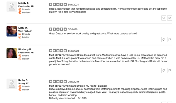 Reviews - At PG Plumbing & Drain, our commitment to excellence is reflected in the words of our satisfied customers. We take pride in delivering exceptional service, and our clients' reviews speak volumes about the quality and reliability of our work. Explore genuine feedback from homeowners and businesses who have experienced our top-notch plumbing solutions firsthand. Reviews - At PG Plumbing & Drain, our commitment to excellence is reflected in the words of our satisfied customers. We take pride in delivering exceptional service, and our clients' reviews speak volumes about the quality and reliability of our work. Explore genuine feedback from homeowners and businesses who have experienced our top-notch plumbing solutions firsthand.