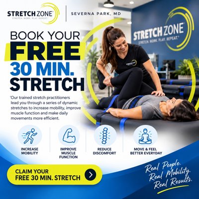 🌟 Free 30min Stretch for New Clients! - Experience what assisted stretching can do for you—absolutely free! At Stretch Zone Severna Park,, our certified stretch practitioners will gently guide you through a personalized, 30-minute stretch session designed to improve your mobility, flexibility, and overall well-being. Just relax and enjoy while we do all the work.
This offer is available to first-time local guests only.
Ready to feel the benefits? Book your free stretch today and discover how easy it is to move, feel, and live better! 🌟 Free 30min Stretch for New Clients! - Experience what assisted stretching can do for you—absolutely free! At Stretch Zone Severna Park,, our certified stretch practitioners will gently guide you through a personalized, 30-minute stretch session designed to improve your mobility, flexibility, and overall well-being. Just relax and enjoy while we do all the work.
This offer is available to first-time local guests only.
Ready to feel the benefits? Book your free stretch today and discover how easy it is to move, feel, and live better!