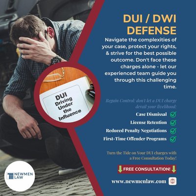 DUI Defense Professionals - Facing a DUI charge can feel like being caught in a storm, but your path to clarity begins here 🚔⚖️
Introducing Newmen Law's DUI Defense Team - your unwavering allies in the legal arena. Our mission? To turn the tide on your DUI charges, safeguard your rights, and help you regain control of your future.
Don't let a momentary lapse define your life. Explore our proven strategies, personalized counsel, and the reassurance of expert legal support.
Your FREE CONSULTATION awaits. Because every step towards justice begins with a single decision. Make the call today! 📞
-
Enfrentar un cargo por DUI puede sentirse como estar atrapado en una tormenta, pero tu camino hacia la claridad comienza aquí 🚔⚖️
Presentamos al Equipo de Defensa de DUI de Newmen Law, tus aliados inquebrantables en el ámbito legal. ¿Nuestra misión? Cambiar el rumbo de tus cargos de DUI, proteger tus derechos y ayudarte a recuperar el control de tu futuro.
No permitas que un lapsus momentáneo defina tu vida. Explora nuestras estrategias comprobadas, asesoramiento personalizado y la seguridad de un apoyo legal experto.
Tu CONSULTA GRATUITA te espera. Porque cada paso hacia la justicia comienza con una sola decisión. ¡Haz la llamada hoy! 📞 DUI Defense Professionals - Facing a DUI charge can feel like being caught in a storm, but your path to clarity begins here 🚔⚖️
Introducing Newmen Law's DUI Defense Team - your unwavering allies in the legal arena. Our mission? To turn the tide on your DUI charges, safeguard your rights, and help you regain control of your future.
Don't let a momentary lapse define your life. Explore our proven strategies, personalized counsel, and the reassurance of expert legal support.
Your FREE CONSULTATION awaits. Because every step towards justice begins with a single decision. Make the call today! 📞
-
Enfrentar un cargo por DUI puede sentirse como estar atrapado en una tormenta, pero tu camino hacia la claridad comienza aquí 🚔⚖️
Presentamos al Equipo de Defensa de DUI de Newmen Law, tus aliados inquebrantables en el ámbito legal. ¿Nuestra misión? Cambiar el rumbo de tus cargos de DUI, proteger tus derechos y ayudarte a recuperar el control de tu futuro.
No permitas que un lapsus momentáneo defina tu vida. Explora nuestras estrategias comprobadas, asesoramiento personalizado y la seguridad de un apoyo legal experto.
Tu CONSULTA GRATUITA te espera. Porque cada paso hacia la justicia comienza con una sola decisión. ¡Haz la llamada hoy! 📞