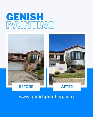 Compare Exterior Repainting of a private residential home. - Before and after of this incredible exterior residential transformation by Genish Painting. 

What we painted:
1. Full Exterior
2. Garage Door
3. Front Door
4. Metal Railings
5. Wood Trim
6. Window Trim

Contact us to schedule a free quote today.