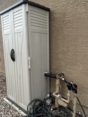 Custom installation storage shed - Customer was told only way to put a water softener in was to re-plumbing the house through the attic to the garage at a cost of over $2000. We came up with an alternate solution saving thousands of dollars for the customer and getting on the quality water they needed at a price they could afford. Custom installation storage shed - Customer was told only way to put a water softener in was to re-plumbing the house through the attic to the garage at a cost of over $2000. We came up with an alternate solution saving thousands of dollars for the customer and getting on the quality water they needed at a price they could afford.