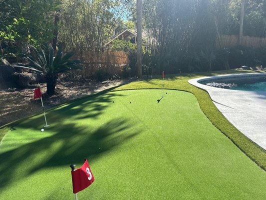 Poolside Turf - This customer decided to add a fun putting green next to their pool for the ultimate fun and usable space.