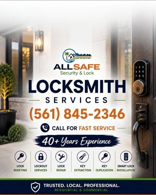 🔑 Locksmith Services & Security Experts - We’ve been serving Palm Beach County homeowners and businesses with honest, reliable locksmith services since 1984. From rekeying and lock repairs to smart lock installs, key extraction, and emergency lockouts, we take pride in keeping your property safe and secure—every single call.
(561) 845-2346 – Call or message and don’t forget to mention Yelp!