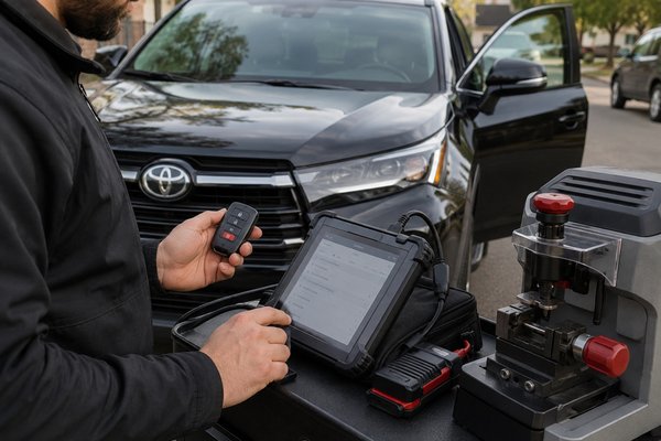 Toyota Car Key Replacement & Programming - Mobile Toyota car key replacement, cutting, and programming completed at the customer’s location. We cut the new key and programmed it to the vehicle using professional automotive locksmith equipment.