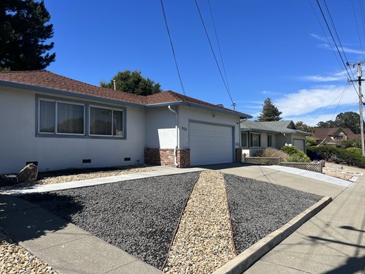 A low maintenance project we did for our client. We removed over grown weeds a tree poured concrete to extend the driveway. - Here’s a project we did in El Sobrante client wanted a low maintenance yard. We helped them design the front yard and they loved the outcome. I extend the driveway by pouring more concrete and a walkway to access the front door. Client wanted a contrast with decorative rock and no plants at all.