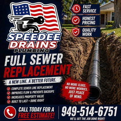 Full Sewer line replacement (949)514-6751 - Full sewer replacement in progress! The failed line was excavated and replaced with brand new pipe, properly bedded for long-term strength. We worked closely with the city and public works, handling all traffic control, permits, and inspections to ensure everything was done by the book. At Speedee Drains, we handle it all so you don’t have to worry. Full Sewer line replacement (949)514-6751 - Full sewer replacement in progress! The failed line was excavated and replaced with brand new pipe, properly bedded for long-term strength. We worked closely with the city and public works, handling all traffic control, permits, and inspections to ensure everything was done by the book. At Speedee Drains, we handle it all so you don’t have to worry.