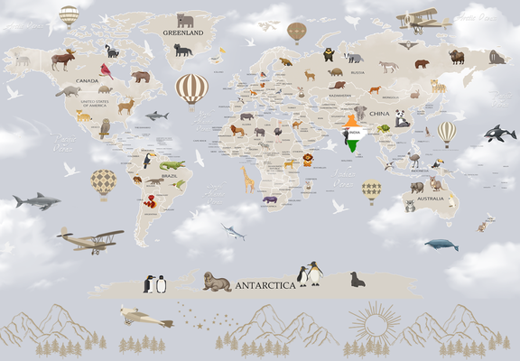 Custom Wallpaper for Kid`s Room “Aviation and Racing” - This wallpaper transforms your wall into an exciting world map featuring animals, birds, and sea creatures from different continents. A bright and educational design, it helps children learn about countries, nature, and geography in a playful way, bringing the spirit of adventure and exploration into their home.