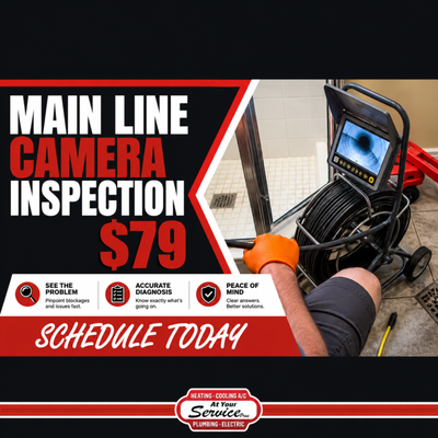 $79 Main Drain Line Camera Inspection - Having recurring drain problems or concerned about your sewer line? Our professional camera inspection lets us see inside the main line to locate blockages, damage, buildup, or other issues. Get an accurate diagnosis and clear repair recommendations for only $79. Schedule with At Your Service Pros today. Residential main lines only; access and service-area restrictions may apply.