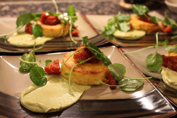 Italian Themed Dinner - One of the latest events Boriqua catered was a 5-course meal for four in Winter Park, Colorado.  Chef Rodriguez was taking inspiration from the pantry and foods of Italy.

Menu : 
First Course : Popcorn Polenta & Watercress Salad - Avocado Aioli
Second Course : Charred Corn Pistou w/ Rosemary Gnocchi & Corn Tuiles
Third Course : Caramelized Goat Cheese Tortellini with Pomodoro Sauce
Fourth Course : Spinach Wonton Lasagna with God's Mushroom Mornay
Fifth Course : Lemoncello Panna Cotta with Balsamic & Cherry Curd
