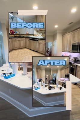 Kitchen remodel - Kitchen Remodel 
Before:
• The kitchen had a dark, angular countertop.
• The cabinets were light wood with a distressed effect.
• The backsplash was beige and brown tile.
• The sink was integrated into the countertop with dark faucets.
• The floor was beige tile.

After:
• A more modern, wider white countertop was installed, expanding the bar for greater functionality.
• The cabinets were kept, but the surroundings were modernized with LED lighting underneath.
• The appliances were updated, including a stainless steel refrigerator and a new microwave.
• The flooring was replaced with a warmer wood or laminate material.
• Gold faucets were added for a sleek, contemporary touch.

The change results in a brighter, more spacious, and more functional kitchen with a modern and elegant design.