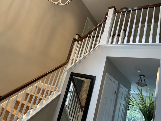 Spindles rail re stain and paint - The whole thing was stained had too sand down prime the spindle risers etc and finish paint and stain Spindles rail re stain and paint - The whole thing was stained had too sand down prime the spindle risers etc and finish paint and stain