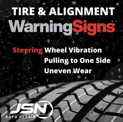 Tires & Wheel Alignment - Drive safer and get the most from your tires with JSN’s repair, balancing, and alignment services. Our techs keep your ride smooth and extend your tire life.

Services:
✔️ Flat tire repair
✔️ Tire rotation & balancing
✔️ Wheel alignment
✔️ Tire inspection

Why Choose Us? We catch issues early, help prevent costly repairs, and offer bundled savings. All work is backed by our multi-point guarantee.

Stop by or call 941-485-5823, ask about our current tire and wheel alignment specials!