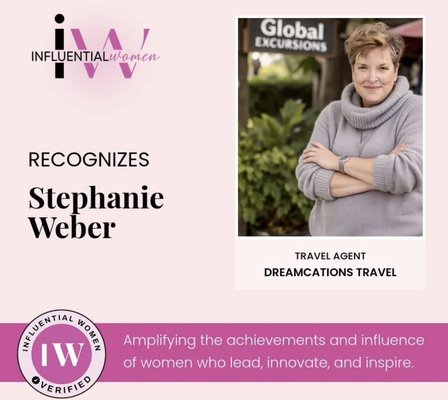 Travel Agent Award from influentialwomen.com - I received this honor last Thursday as being recognized as one of the influential woman for 2026! This is quite the honor and it shows that I am a leader in my industry and dedicated to my clients. I work hard to make sure your trip is perfect and goes smoothly from beginning to end! Travel Agent Award from influentialwomen.com - I received this honor last Thursday as being recognized as one of the influential woman for 2026! This is quite the honor and it shows that I am a leader in my industry and dedicated to my clients. I work hard to make sure your trip is perfect and goes smoothly from beginning to end!
