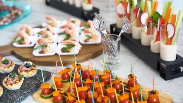 Cocktail Party - Kani Salad, Shrimp Cocktail and Veg. Crudite on a Cocktail Picks. Cocktail Party - Kani Salad, Shrimp Cocktail and Veg. Crudite on a Cocktail Picks.