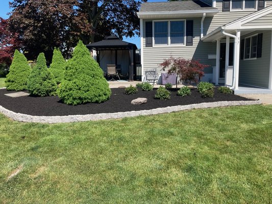 Existing mulch and rock bed spruced up - This customer wanted to redo their entire bed and get rid of existing plants & rock. They wanted low maintenance bushes that needed little attention. Also, they wanted to keep the Alberta spruces for coverage, but wanted a new look. So we added edgestone to outline their bed and planted new plants.