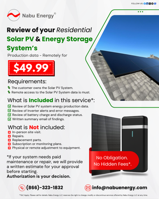 Services we offer - Transform Your Energy Needs with Nabu Energy!
At Nabu Energy, we harness the power of the sun to provide comprehensive energy solutions for your home and business.
Check out our wide range of services designed to meet all your solar and energy needs:
1. Residential Solar PV System Design and Installation
2. Commercial Solar PV System Design and Installation
3. Energy Storage System Design and Installation
4. Overhead Main Service Panel Upgrade and Smart Panels
5. EV Charging Station Installation for Residential and Commercial Buildings
6. Solar PV Equipment Uninstall and Reinstall
7. Equipment RMA Processing and Replacement
8. AHJ Permit Plans Engineering Drafting Services
9. Solar PV Systems for New Building Construction and ADUs
Join us in the journey towards sustainable and efficient energy solutions. Whether you're looking to power your home, business, or new construction project, Nabu Energy has you covered! Services we offer - Transform Your Energy Needs with Nabu Energy!
At Nabu Energy, we harness the power of the sun to provide comprehensive energy solutions for your home and business.
Check out our wide range of services designed to meet all your solar and energy needs:
1. Residential Solar PV System Design and Installation
2. Commercial Solar PV System Design and Installation
3. Energy Storage System Design and Installation
4. Overhead Main Service Panel Upgrade and Smart Panels
5. EV Charging Station Installation for Residential and Commercial Buildings
6. Solar PV Equipment Uninstall and Reinstall
7. Equipment RMA Processing and Replacement
8. AHJ Permit Plans Engineering Drafting Services
9. Solar PV Systems for New Building Construction and ADUs
Join us in the journey towards sustainable and efficient energy solutions. Whether you're looking to power your home, business, or new construction project, Nabu Energy has you covered!