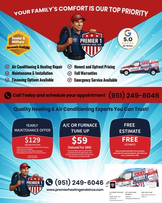 Heating & AC Tune-Up & Maintenance Specials - Premier 1 Heating & Air offering seasonal heating and air conditioning specials. This photo shows our current promotions, including a $59 A/C or furnace tune-up, $129 yearly maintenance offer, and free estimates. We provide HVAC repair, installation, maintenance, senior & military discounts, upfront pricing, and emergency service. Serving Temecula, Murrieta, Menifee, Wildomar, and surrounding areas.” Heating & AC Tune-Up & Maintenance Specials - Premier 1 Heating & Air offering seasonal heating and air conditioning specials. This photo shows our current promotions, including a $59 A/C or furnace tune-up, $129 yearly maintenance offer, and free estimates. We provide HVAC repair, installation, maintenance, senior & military discounts, upfront pricing, and emergency service. Serving Temecula, Murrieta, Menifee, Wildomar, and surrounding areas.”