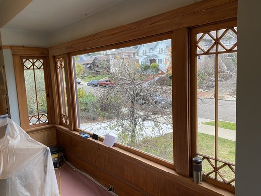 Interior wood restoration - In order to restore wood that was painted with many coats over the decades we apply several coats of environment-friendly paint strippers and multiple rounds of sanding, filling and finish coats.