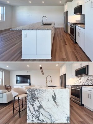 First project opened - Eastern Cabinet and Stone Upgrade Before & After

A young homeowner recently purchased a new townhouse from Toll Brothers and wanted us to undertake some aesthetic upgrades within a limited budget while minimizing demolition to avoid unnecessary waste. We focused our efforts and budget primarily on the kitchen, with the following strategies:

1️⃣ Preserving the existing cabinets to shorten the project timeline.
2️⃣ Upgrading the visual centerpiece of the open space, the kitchen island, with a waterfall marble design, and replacing the backsplash with full marble tiling while concealing outlets to maintain the integrity of the marble surface.
3️⃣ Adding cabinet top fillers to prevent dust accumulation.