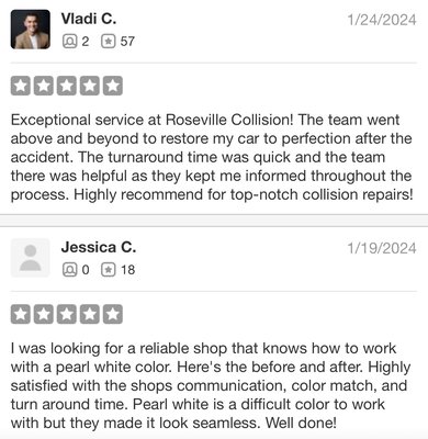 Client Reviews! - Here are some reviews from our clients! We guarantee 100% client satisfaction with the easiest and smoothest repair process. Not only are we the best in town, but you also won't regret bringing your vehicle to Roseville Collision to be repaired. We value our clients and ensure the best experience. Client Reviews! - Here are some reviews from our clients! We guarantee 100% client satisfaction with the easiest and smoothest repair process. Not only are we the best in town, but you also won't regret bringing your vehicle to Roseville Collision to be repaired. We value our clients and ensure the best experience.