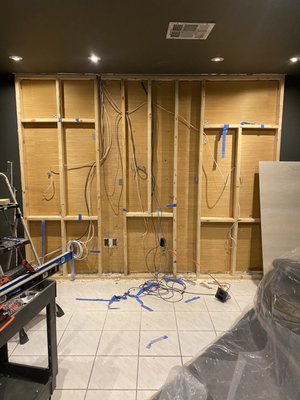 Add a rock wall for the entertainment room - Clint wonted a rock wall in the entertainment room. It’s 6” wide x 11 feet long. I add cement wall boards then add Mosaic rock. Add a rock wall for the entertainment room - Clint wonted a rock wall in the entertainment room. It’s 6” wide x 11 feet long. I add cement wall boards then add Mosaic rock.