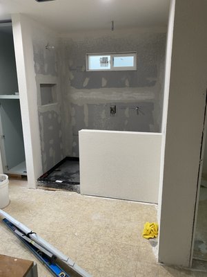 Marble Shower - this Shower remodel. it was very very challenging since we had to work with an existing waterproof, ( hot mop). the customer had a different contract do the waterproof and we had to work with what we had, this means that we had to float all around,,, float the shower bench and much more, this was a very detailed project with a glass tile, and large porcelain tile, along with marble mosaic tiles and a linear drain. Marble Shower - this Shower remodel. it was very very challenging since we had to work with an existing waterproof, ( hot mop). the customer had a different contract do the waterproof and we had to work with what we had, this means that we had to float all around,,, float the shower bench and much more, this was a very detailed project with a glass tile, and large porcelain tile, along with marble mosaic tiles and a linear drain.
