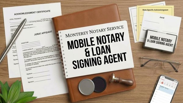 Mobile Notary and Loan Signing- Call Today - Deliver professional, mobile notary public services across the Monterey Peninsula, meeting clients on-site for peak convenience and efficiency. Specialize in legal notarizations, including Acknowledgments and Jurats, ensuring 100% compliance, accuracy, and confidentiality. Mobile Notary and Loan Signing- Call Today - Deliver professional, mobile notary public services across the Monterey Peninsula, meeting clients on-site for peak convenience and efficiency. Specialize in legal notarizations, including Acknowledgments and Jurats, ensuring 100% compliance, accuracy, and confidentiality.