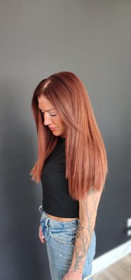 New IBE Install and color overhaul - She wanted to be bold and a little brighter than your average cowboy copper. I custom colored her extensions prior to her install. It turned out stunning! New IBE Install and color overhaul - She wanted to be bold and a little brighter than your average cowboy copper. I custom colored her extensions prior to her install. It turned out stunning!