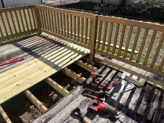 Customer called said “ I have a low area on deck and rails uneven and low. - Removed out wood replaced with new decking boards and top of rails replaced Customer called said “ I have a low area on deck and rails uneven and low. - Removed out wood replaced with new decking boards and top of rails replaced