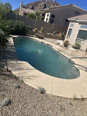 Green to Clean - This was a green pool, the water level had dropped below the first step. We installed a water leveler, and turned the pool from green to clean in 48 hours. Green to Clean - This was a green pool, the water level had dropped below the first step. We installed a water leveler, and turned the pool from green to clean in 48 hours.