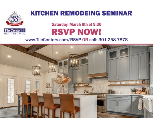 Join us for Free Kitchen Remodel Seminar - You will learn how to...
Avoid costly mistakes that can blow up your remodeling budget.
Update your kitchen to be safer and accident-proof.
Meet code and permitting rules to minimize delays.
Discover Microban and VilbestonePlus tiles for a cleaner, healthier home.
Find trusted contractors and avoid scams or poor workmanship.
Date: March 8th, 2025
Starts at 9:30 AM sharp.
Seminar event location:
Tile Center Showroom
7400 Lindbergh Dr. STE B
Gaithersburg MD, 20879
You can register via this link:
www.TileCenters.com/RSVP
Or call: 301-258-7878 Join us for Free Kitchen Remodel Seminar - You will learn how to...
Avoid costly mistakes that can blow up your remodeling budget.
Update your kitchen to be safer and accident-proof.
Meet code and permitting rules to minimize delays.
Discover Microban and VilbestonePlus tiles for a cleaner, healthier home.
Find trusted contractors and avoid scams or poor workmanship.
Date: March 8th, 2025
Starts at 9:30 AM sharp.
Seminar event location:
Tile Center Showroom
7400 Lindbergh Dr. STE B
Gaithersburg MD, 20879
You can register via this link:
www.TileCenters.com/RSVP
Or call: 301-258-7878