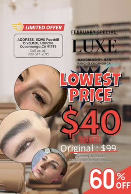 Lash Special! Lowest Price - 💕✨ February Special at LUXE! ✨💕
For a limited time, get the BEST lash deals in California! 💖
🌟 YY Lash Full Set – ONLY $40!
🌟 Handmade Volume Full Set – ONLY $49!
🎀 New lash clients only!
Don’t miss out on this exclusive offer—beautiful lashes at unbeatable prices! Book your appointment now! 📲
📍 13290 Foothill Blvd, #20, Rancho Cucamonga 91739
📞 Call/Text: 909-317-2015 Lash Special! Lowest Price - 💕✨ February Special at LUXE! ✨💕
For a limited time, get the BEST lash deals in California! 💖
🌟 YY Lash Full Set – ONLY $40!
🌟 Handmade Volume Full Set – ONLY $49!
🎀 New lash clients only!
Don’t miss out on this exclusive offer—beautiful lashes at unbeatable prices! Book your appointment now! 📲
📍 13290 Foothill Blvd, #20, Rancho Cucamonga 91739
📞 Call/Text: 909-317-2015