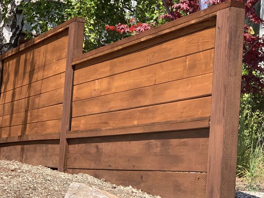 Horizontal stain - Stained with Preservawood: Pacific Redwood color. Horizontal stain - Stained with Preservawood: Pacific Redwood color.