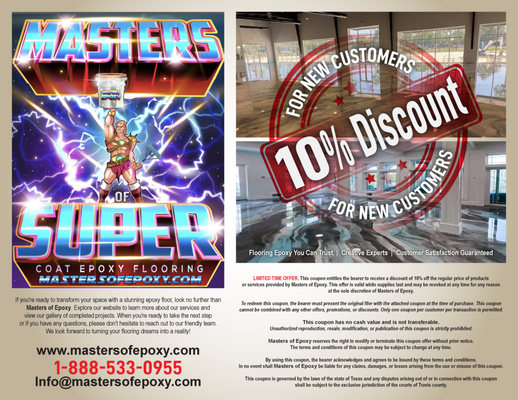 Masters of Epoxy Super Coat Finish - Welcome to Masters of Epoxy, your premier destination for high-quality, innovative flooring solutions in Austin and the surrounding areas. With our expertise in epoxy flooring, we specialize in transforming dull and ordinary floors into stunning, durable masterpieces that stand the test of time.
Our Passion for Epoxy
At Masters of Epoxy, we are passionate about epoxy flooring and all its incredible possibilities. We believe that a beautifully designed floor can elevate the aesthetics and functionality of any space, whether it's a garage, commercial building, or residential property. With years of experience in the industry, we have mastered the art of creating captivating epoxy floors that exceed our clients' expectations.
Endless Possibilities
Our portfolio showcases a wide range of flooring projects, each one unique and tailored to our clients' specific needs and desires. Whether you're looking to enhance your garage with a sleek and glossy finish, transform your indoor concrete flooring with eye-catching metallic designs, or add a touch of elegance with lava or flake patterns, we have the expertise to bring your vision to life. Our team of skilled artisans utilizes cutting-edge techniques and high-quality materials to achieve stunning, long-lasting results that are sure to impress.
Uncompromising Quality
At Masters of Epoxy, we are committed to delivering the highest standard of quality in every project we undertake. We understand that a durable and flawless floor is not just about appearance but also about functionality and longevity. That's why we meticulously prepare the surface, apply our epoxy coatings with precision, and ensure proper curing to create a seamless, resistant, and easy-to-maintain floor. With our attention to detail and commitment to excellence, you can trust that your flooring project is in the hands of professionals who take pride in their craft.
Local Expertise, Personalized Service
As a local Austin company, we take great pride in serving our community. We understand the unique challenges and requirements of flooring in this region, and we are dedicated to providing tailored solutions that withstand the Texas climate. When you choose Masters of Epoxy, you can expect personalized service from start to finish. We work closely with our clients to understand their vision, offer expert guidance and recommendations, and ensure a seamless and stress-free experience.
Contact Us Today
If you're ready to transform your space with a stunning epoxy floor, look no further than Masters of Epoxy. Explore our website to learn more about our services and view our gallery of completed projects. When you're ready to take the next step or if you have any questions, please don't hesitate to reach out to our friendly team. We look forward to turning your flooring dreams into a reality! Masters of Epoxy Super Coat Finish - Welcome to Masters of Epoxy, your premier destination for high-quality, innovative flooring solutions in Austin and the surrounding areas. With our expertise in epoxy flooring, we specialize in transforming dull and ordinary floors into stunning, durable masterpieces that stand the test of time.
Our Passion for Epoxy
At Masters of Epoxy, we are passionate about epoxy flooring and all its incredible possibilities. We believe that a beautifully designed floor can elevate the aesthetics and functionality of any space, whether it's a garage, commercial building, or residential property. With years of experience in the industry, we have mastered the art of creating captivating epoxy floors that exceed our clients' expectations.
Endless Possibilities
Our portfolio showcases a wide range of flooring projects, each one unique and tailored to our clients' specific needs and desires. Whether you're looking to enhance your garage with a sleek and glossy finish, transform your indoor concrete flooring with eye-catching metallic designs, or add a touch of elegance with lava or flake patterns, we have the expertise to bring your vision to life. Our team of skilled artisans utilizes cutting-edge techniques and high-quality materials to achieve stunning, long-lasting results that are sure to impress.
Uncompromising Quality
At Masters of Epoxy, we are committed to delivering the highest standard of quality in every project we undertake. We understand that a durable and flawless floor is not just about appearance but also about functionality and longevity. That's why we meticulously prepare the surface, apply our epoxy coatings with precision, and ensure proper curing to create a seamless, resistant, and easy-to-maintain floor. With our attention to detail and commitment to excellence, you can trust that your flooring project is in the hands of professionals who take pride in their craft.
Local Expertise, Personalized Service
As a local Austin company, we take great pride in serving our community. We understand the unique challenges and requirements of flooring in this region, and we are dedicated to providing tailored solutions that withstand the Texas climate. When you choose Masters of Epoxy, you can expect personalized service from start to finish. We work closely with our clients to understand their vision, offer expert guidance and recommendations, and ensure a seamless and stress-free experience.
Contact Us Today
If you're ready to transform your space with a stunning epoxy floor, look no further than Masters of Epoxy. Explore our website to learn more about our services and view our gallery of completed projects. When you're ready to take the next step or if you have any questions, please don't hesitate to reach out to our friendly team. We look forward to turning your flooring dreams into a reality!