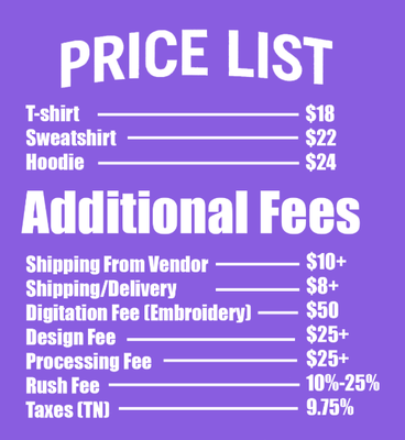 Pricing - Price list, and how are pricing works . We charge you what is costs to print plus labor. We do not accept any payments outside our invoice system . Pricing - Price list, and how are pricing works . We charge you what is costs to print plus labor. We do not accept any payments outside our invoice system .
