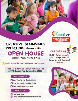 Open House Feb 21st 10:00am to 1:00pm - You are warmly invited to our Preschool Open House! Tour our new and welcoming facility, speak with our dedicated and experienced teachers, and discover the many engaging activities designed to nurture learning, creativity, and confidence.