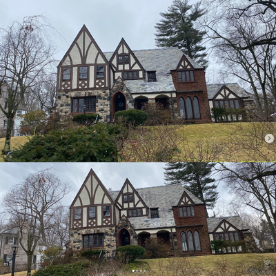 Slate Roof Cleaning in New Rochelle - This beautiful slate roof was riddled with black streaks, lichen, & moss. This took away from the the homes classic aesthetic, and it needed a cleaning. We were called in to carefully treat the roof & deliver results.