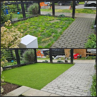100sqft of pet smart turf and refreshed paver walkway - Removed old yard, installed new pet smart turf, removed paver walk way and re-leveled, added new rock in joints 100sqft of pet smart turf and refreshed paver walkway - Removed old yard, installed new pet smart turf, removed paver walk way and re-leveled, added new rock in joints