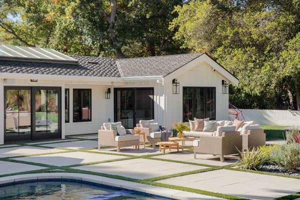 Outdoor Kitchen, Fire Pit, Paver Patio & Paving Stone Pool Deck Backyard Transformation - Total backyard remodel with paving stone patio, walkway, outdoor kitchen with pizza oven and grill, built-in fire pit, permeable pavers, artificial turf, and paver pool deck Outdoor Kitchen, Fire Pit, Paver Patio & Paving Stone Pool Deck Backyard Transformation - Total backyard remodel with paving stone patio, walkway, outdoor kitchen with pizza oven and grill, built-in fire pit, permeable pavers, artificial turf, and paver pool deck