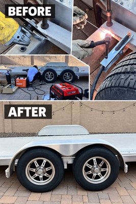 Aluminum Trailer Fender Repair & Welding - Customer accidentally backed into the trailer, breaking the aluminum fender from its mounting points. We repaired and reinforced the aluminum mounts, restored the damaged threads for one of the bolts, securely installed all four bolts, and reconnected and tested the running-light wiring. The fender is now solid, secure, and fully functional — ready for the road. Aluminum Trailer Fender Repair & Welding - Customer accidentally backed into the trailer, breaking the aluminum fender from its mounting points. We repaired and reinforced the aluminum mounts, restored the damaged threads for one of the bolts, securely installed all four bolts, and reconnected and tested the running-light wiring. The fender is now solid, secure, and fully functional — ready for the road.