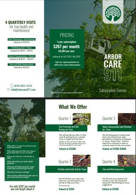 4 qt Tree Subscription ment for every homeowner - The only one and only Tree Subscription
**8 hr tree crew for trimming
** Fertilezer included
**Soil testing and tree evaluation
**Mulch included
no hidden fees all for $267 per month. 4 qt Tree Subscription ment for every homeowner - The only one and only Tree Subscription
**8 hr tree crew for trimming
** Fertilezer included
**Soil testing and tree evaluation
**Mulch included
no hidden fees all for $267 per month.
