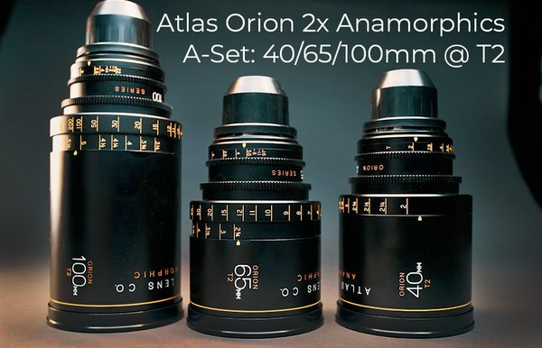 Atlas Orion Anamorphic Lenses - A-Set - This is the full A-Series Orion Prime Anamorphic set by Atlas: 40mm, 65mm and 100mm.

Shot on Orion:
"Don't Look Up", Dir. Adam McKay
"Babylon", Dir. Damian Chazelle
"Titans" Season 3 on HBO Max, Dir. Fraser Brown

Lens Set Features overview: ---------------------
-2x Anamorphic Squeeze
- Fast T2 aperture (up to T16)
- Modern, mechanically dependable design (standardized across all focal lengths)
- Unified focus and iris position (reduces need for adjustment when switching to different focal lengths)
- Standardized 114mm outer diameter for native use with a variety of matte boxes and filters
-Min. focus: 40mm: 2ft | 65mm: 2.75ft | 100mm: 3.5ft
-Lens weight: 40mm: 5.2lbs | 65mm: 5lbs | 100mm: 6.7lbs
-Lens length: 40mm: 7.4" | 65mm: 7.2" | 100mm: 10"
-Flat-field performance when stopped down to a T2.8 or deeper

Orion Series 2X anamorphic prime lenses are built to be a universal filmmaking tool — perfect for the latest professional film and digital cinema cameras with native PL mount or just as easily adapted to Canon EF-based cinema cameras.

Orion Series lenses are readily and easily compatible with all mirrorless video / stills hybrid cameras via any PL to mirrorless camera adapter.

Mechanical Features: ----------------
-Works with E-mount or Micro 4/3 camera with appropriate adapters
-Focus has a deep 270° travel rotation
-Cine pitch 0.8 mod gearing on both iris and focus ring allow for simultaneous drive control, even when two motors are mounted on the same side of the lens

Some optical features: ----------------
-Waterfall bokeh
-Streak flare
-Disproportionate perspective magnification (Telephoto lens with wide-angle field)
-Pleasant spherical aberration glow when wide open
-Pleasing barrel distortion