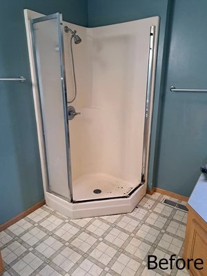 Bathroom Remodel - This bathroom had a small 3x3 fiberglass corner shower and we were able to upgrade them to a 3x5 walk in shower with a bench! Their walls got a wainscot and the flooring was upgraded from vinyl to beautiful tile. Bathroom Remodel - This bathroom had a small 3x3 fiberglass corner shower and we were able to upgrade them to a 3x5 walk in shower with a bench! Their walls got a wainscot and the flooring was upgraded from vinyl to beautiful tile.
