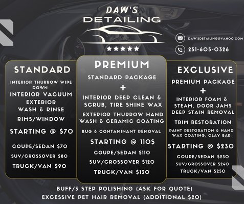 DawsDetailing service! - Mobile auto detailing for Monroe&Escambia county and more! 

We offer a one-of-a-kind, convenient way to get your car clean. Call our Mobile Auto Detailing service for:

✔️Fully Mobile Car detailing services
✔️A cleaning team that comes to you at home or at work
✔️Interior and exterior car cleaning

Contact Daw’s Detailing to book your mobile car wash today! 251-605-0326

#mobilecarwash #mobilecardetailing #mobilecarcare #mobilecardetail #detailingcars #detailingcarwash #cardetailing #cardetailingproducts #cardetailingbusiness #AtmoreAlabama #poarchalabama #Uriah #monroecounty #frisco
